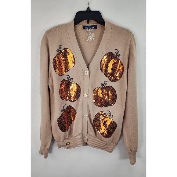 Simply Southern Sweaters - Simply Southern Cardigan Women's XL- Tan Orange Sequins Pumpkins Fall Autumn